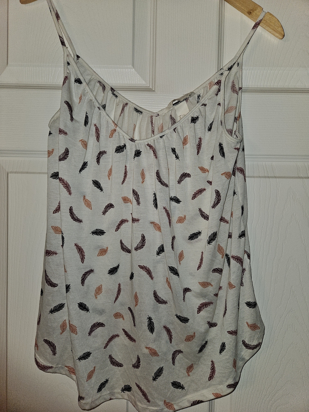 H&M White Feather-Print Spaghetti-Strap Camisole with Peach and Black Feathers